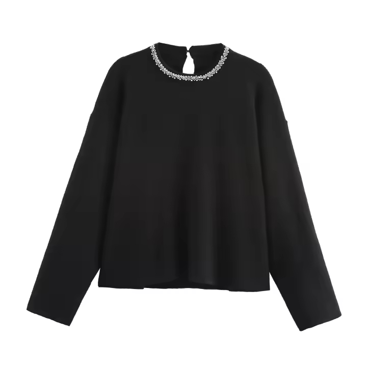 2025 Women Faux Jewel Collar Knitted Sweater Long Sleeve Round Neck Black Crop Pullover Streetwear Knitwear - 1