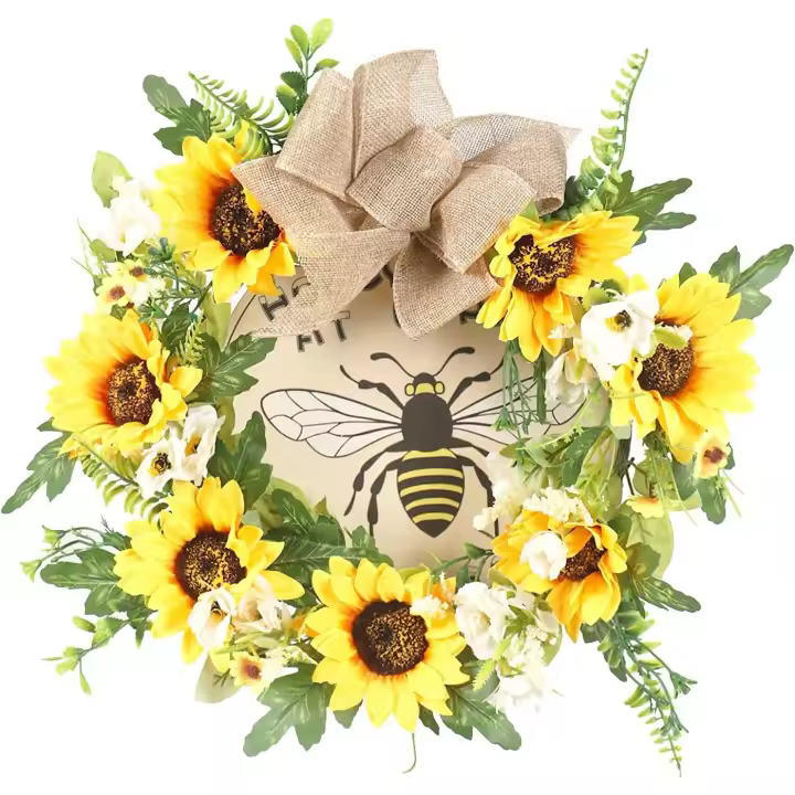Artificial Sunflower Wreath Hanging Decorative Wreath with Green Leaves for Garden Balcony Wedg Festival Party - 1