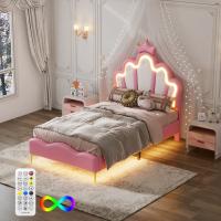Cama juvenil 140x190 cm rosa con cabecero de corona, luces LED RGB, tapizado acolchado y somier de láminas - details 1