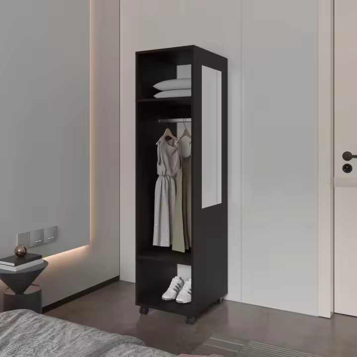 TUHOME Armario Kronospan en melamina , tres estantes , barra para colgar ropa y espejo incluido , Negro , 160 cm X 40 cm X 48 cm - 1