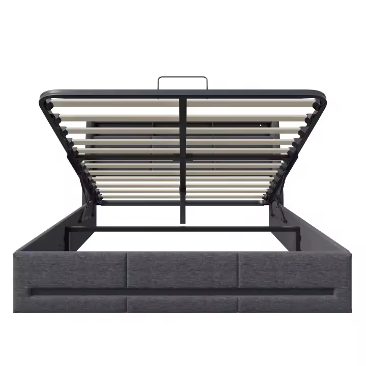 Cama con almacenamiento bajo y elevación hidráulica 140×190 cm, tapizada en tela gris, luces LED y conectividad USB - 1