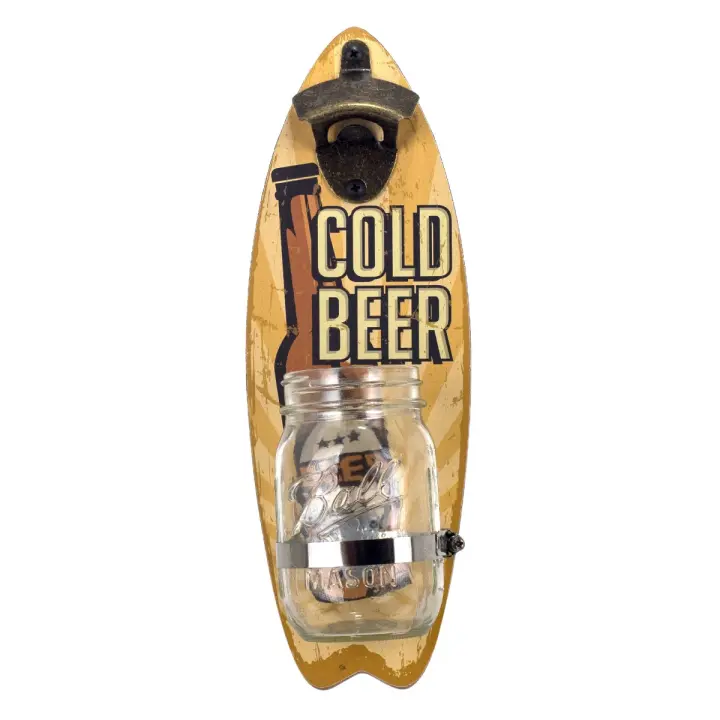 CAPRILO REGALOS & DECORACIÓN Abridor Botellas Pared de Madera y Metal con Bote para Chapas "Tabla Surf-Cerveza Fría". Cuadros y Apliques. Adornos. Destapadores. Regalos Originales. Decoración Hogar. 11,50 x 9 x 33,50 cm - 1
