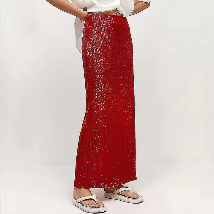 Moda Lentejuelas falda elegante largo cintura alta Oficina casual señora suelta Faldas - 1