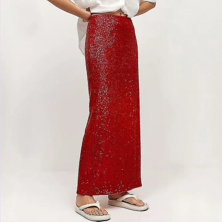 Moda Lentejuelas falda elegante largo cintura alta Oficina casual señora suelta Faldas - 1