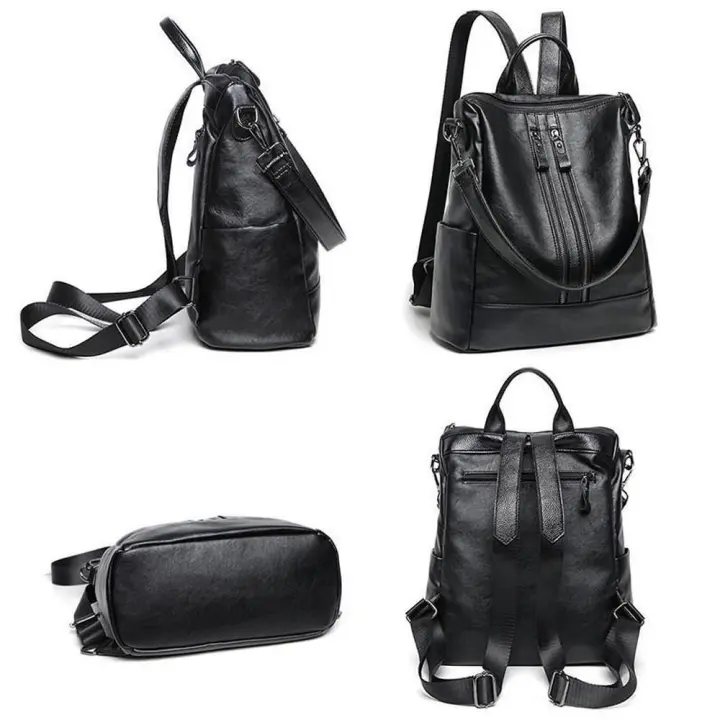 Mochila De Cuero Suave Para Mujer Negro Capacidad Grande Múltiple Casual Colegial Viaje Bolsa De Hombro Multifuncional - 1