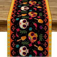 Mantelos De Lino Tejidos Con Estampado De Rosas Y Calaveras Para Decoración De Fiesta Del Día De Muertos Y Halloween Mantel Lavable Para Comedor De Casa Y Cocina - details 13