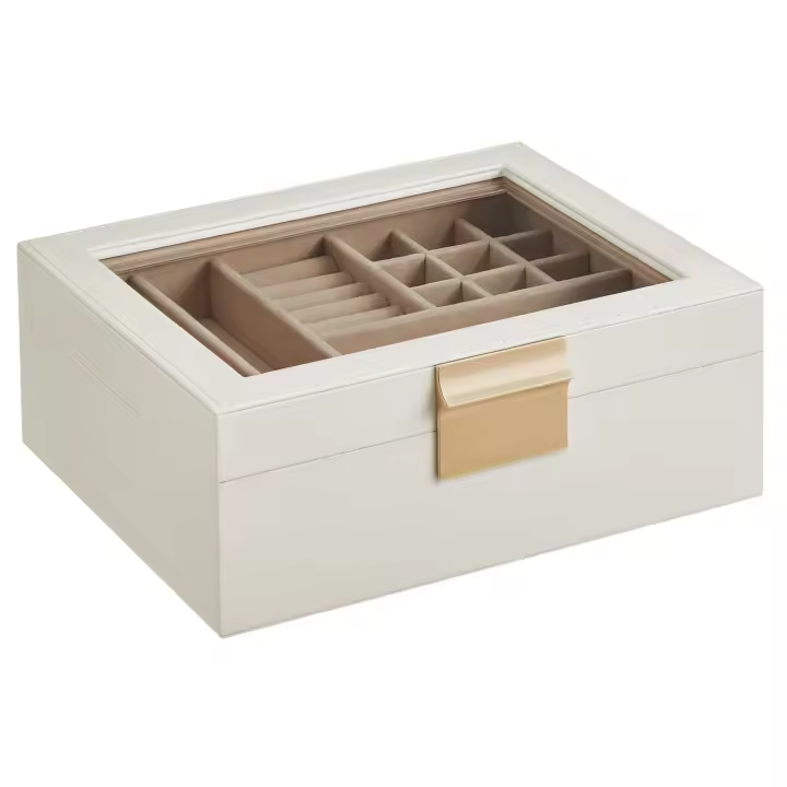 SONGMICS Caja de Joyas, Caja Joyero de 2 Niveles con Bandeja Extraíble, Estuche de Joyería, Tapa de Cristal, con 2 Cajones, Estilo Moderno, Idea de Regalo, Blanco Nube y Dorado Metálico/Negro Grafito y Dorado Metálico - 1