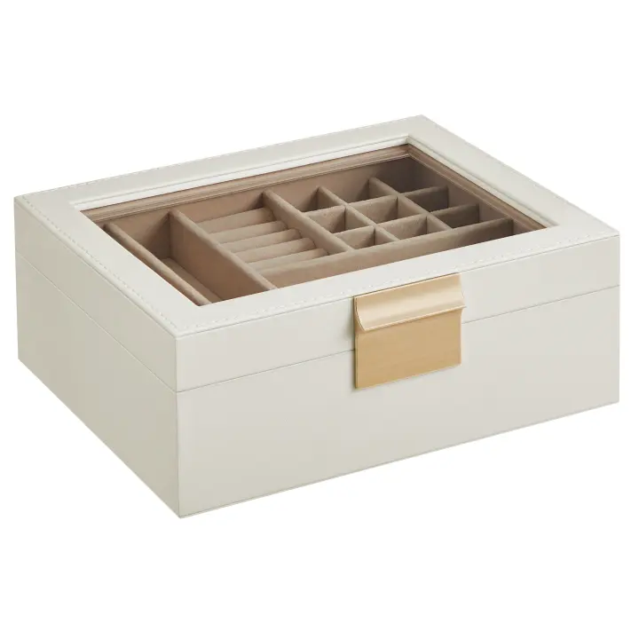 SONGMICS Caja de Joyas, Caja Joyero de 2 Niveles con Bandeja Extraíble, Estuche de Joyería, Tapa de Cristal, con 2 Cajones, Estilo Moderno, Idea de Regalo, Blanco Nube y Dorado Metálico/Negro Grafito y Dorado Metálico - 1