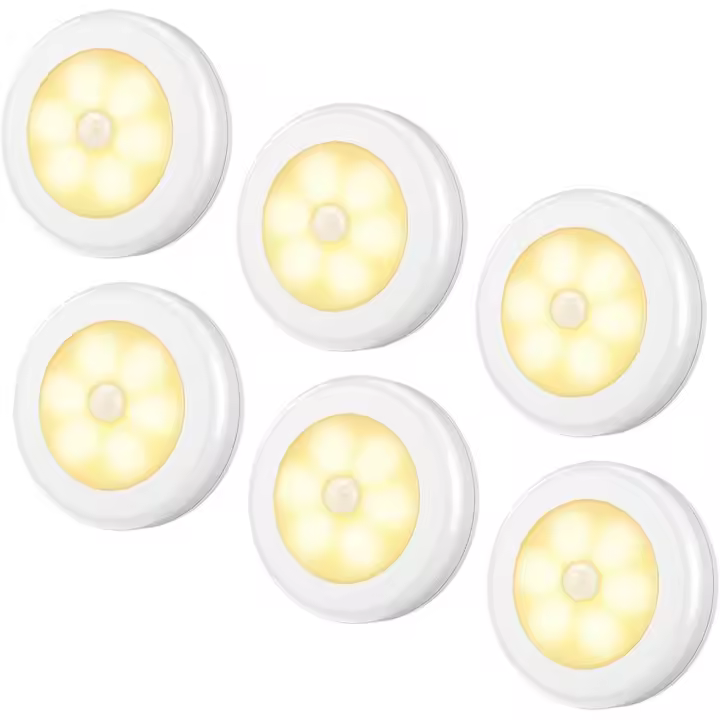 Luz de detección de Movimiento, Luz Nocturna LED inalámbrica con Pilas, Luz de Gabinete para pegarse en Quier Lugar, Luz de Escalera, Luz de disco para pasillo, baño, dormitorio, cocina (Blanco-Luz Blanca Cálida-Paquete de 6) - 1