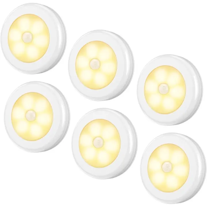 Luz de detección de Movimiento, Luz Nocturna LED inalámbrica con Pilas, Luz de Gabinete para pegarse en Quier Lugar, Luz de Escalera, Luz de disco para pasillo, baño, dormitorio, cocina (Blanco-Luz Blanca Cálida-Paquete de 6) - 1