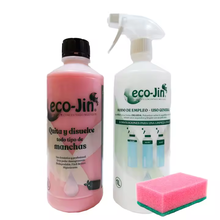 ECO JIN Rosa Home Original, 1L concentrado + estropajo, limpieza perfecta sin limites ECO-JIN. Ecológico, Higiénizante, Bactericida, Anticalcareo, desinfectante y elimina cal. Componentes tensoactivos. Exclusivo y poderoso quitamanchas. Distrilocu - 1