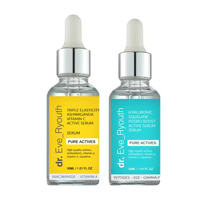Suero activo Hydro Boost de ácido hialurónico Squalane 30 ml + Suero activo potente de triple elasticidad Ashwaganda Vitamina C 30 ml - 1
