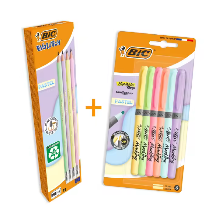 BIC Pack Pastel - 6 subrayadores pastel Highlighter Grip y 12 lápices de grafito HB colores pastel - 1
