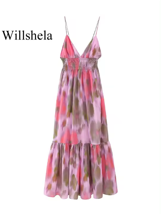 Willshela Vestido Midi De Encaje Con Cintura Elástica Y Espalda Descubierta Para Mujer Estilo Vintage Con Tirantes Y Cuello En V Moda Casual - 1