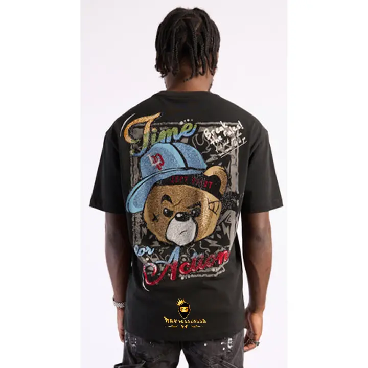 Camiseta Left Point Negra Pedrería Brillante Oso Time For Action - 1