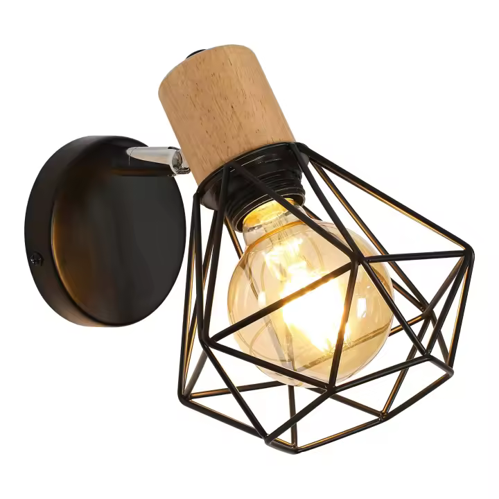 Aplique de pared industrial vintage, lámpara de pared de Madera giratoria 360 °, lámpara de jaula de metal y hierro Negro E27 para dormitorio, pasillo, Sala de estar, máx. 60 W - 1
