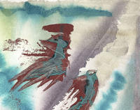 Cuadro decorativo horizontal abstracto grande  "NAUFRAGOS DEL VIENTO" Lienzo Alta calidad Arte Contemporáneo Abstracto moderno original Oxido agua azul salones comedores baños hall entrada figuras Ref A 523 - details 0