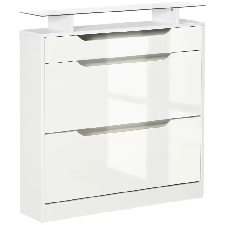 HOMCOM Mueble Zapatero de 2 Puertas Zapatero Estrecho para 16 Pares de Zapatos con Cajón Estante Abierto y Encimera de Vidrio para Pasillo Entrada 89x23x96 cm Blanco - 1