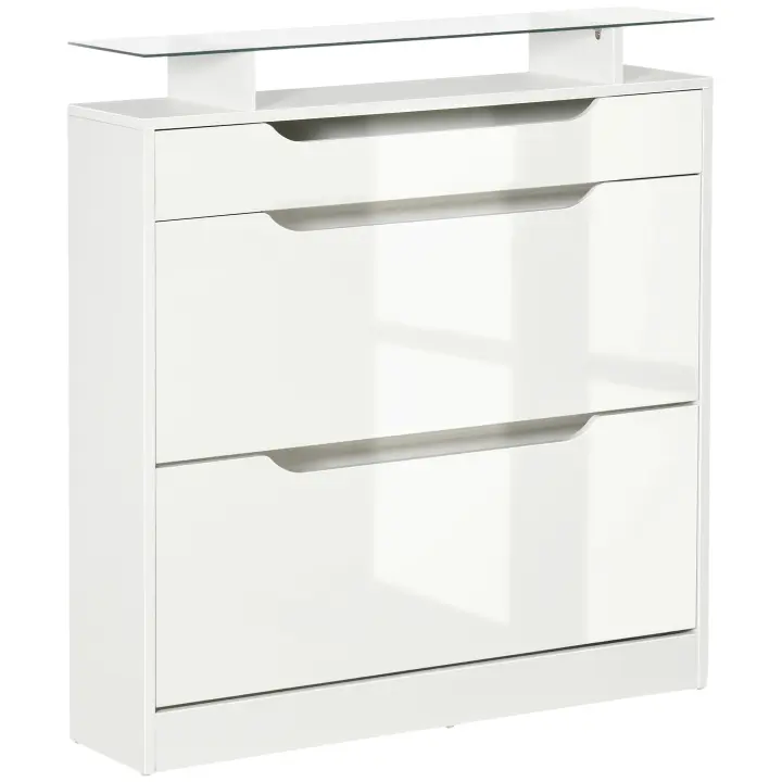 HOMCOM Mueble Zapatero de 2 Puertas Zapatero Estrecho para 16 Pares de Zapatos con Cajón Estante Abierto y Encimera de Vidrio para Pasillo Entrada 89x23x96 cm Blanco - 1
