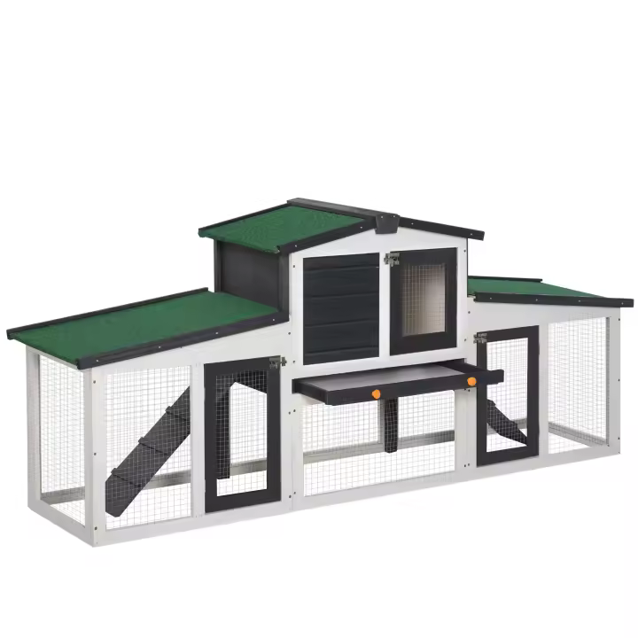 PawHut Conejera de Madera Jaula para Conejos con Techo Abatible Escalera y Bandeja Extraíble Conejera para Exterior 197x49x86 cm Gris - 1