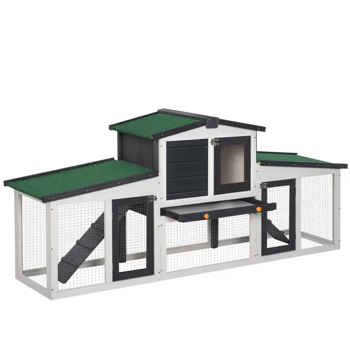 PawHut Conejera de Madera Jaula para Conejos con Techo Abatible Escalera y Bandeja Extraíble Conejera para Exterior 197x49x86 cm Gris - 1
