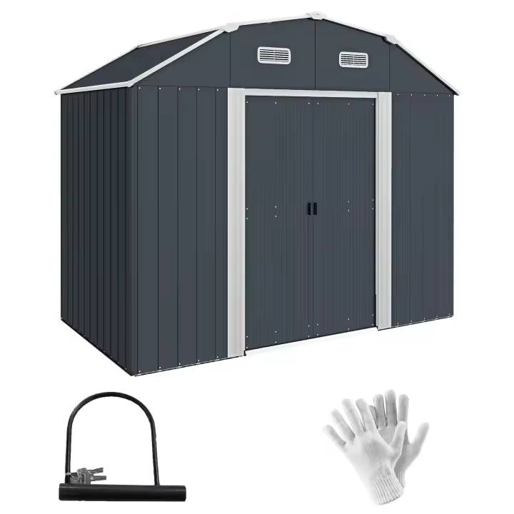 Outsunny Cobertizo de Jardín Exterior 2,7 m² 238x132x198,5 cm Caseta de Exterior Metálica con Base Estantes Ajustables 2 Puertas Corredizas y 2 Ventanas Gris Oscuro - 1