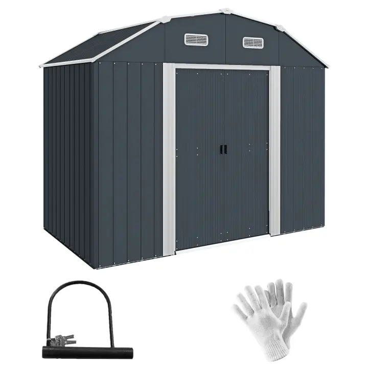 Outsunny Cobertizo de Jardín Exterior 2,7 m² 238x132x198,5 cm Caseta de Exterior Metálica con Base Estantes Ajustables 2 Puertas Corredizas y 2 Ventanas Gris Oscuro - 1