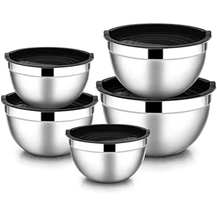 Cuenco para mezclar de 5 piezas, ensaladera apilable de acero inoxidable con tapa hermética, para servir para cocinar y hornear cuenco, Etc. - 1