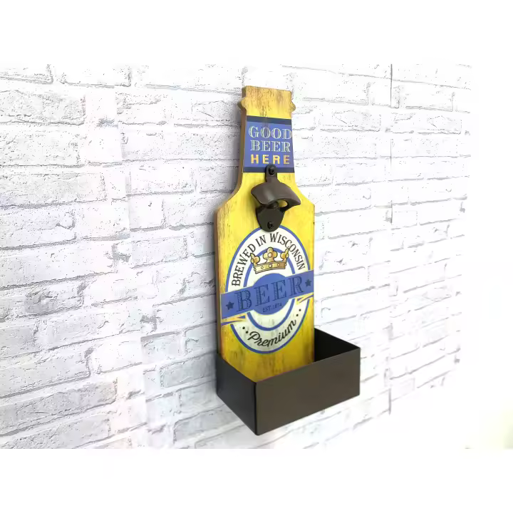 Abridor de Cervezas Pared Madera Amarillo con Porta Chapas Metálico - 36,5x14,5x10 cm - 1