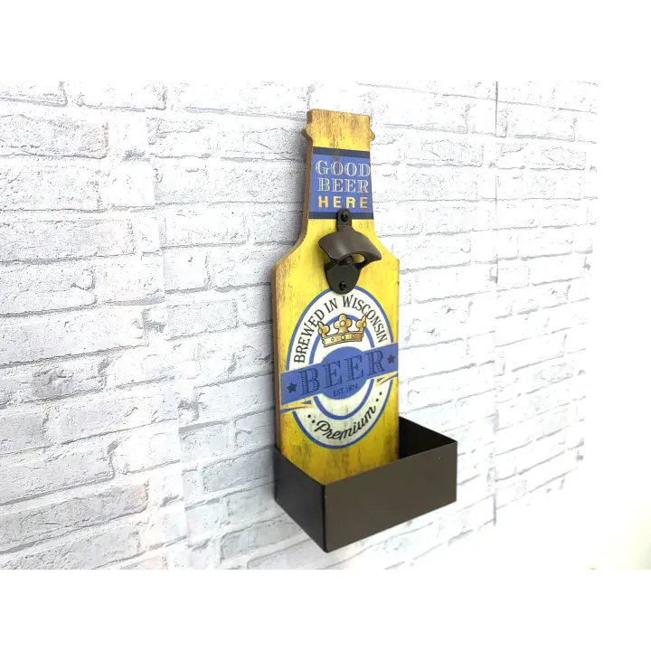 Abridor de Cervezas Pared Madera Amarillo con Porta Chapas Metálico - 36,5x14,5x10 cm - 1
