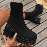 Botas De Mujer Lightweight Casual Con Plataforma Y Tacón Chunky Block Moda Invierno Calf High Sock Botas Material Elástico - details 4
