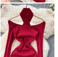 Vestido Largo Elegante De Otoño Invierno Para Mujer Con Cuello Haltera Y Cintura Ajustada Vestido Bodycon Coreano Para Oficina Vestidos De Suéter - details 13