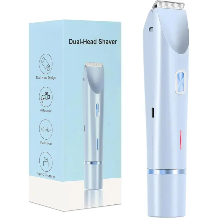 Afeitadora íntima para mujeres - Afeitadora eléctrica 2 en 1 - Con peine limitador y cuchillas de acero inoxidable - Recortadora inalámbrica para la línea del bikini - Azul - Para rostro, piernas y axilas, uso en seco o húmedo - 1