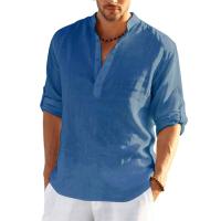 Nueva camiseta de manga larga de lino para hombre, camisa informal holgada de Color sólido, camisa de lino de algodón de manga larga - details 5