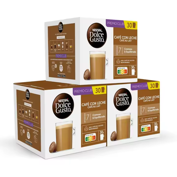 90caps - Café NESCAFÉ DOLCE GUSTO Café con leche 30 cápsulas - Pack de 3ud - 90 cápsulas en total - 1