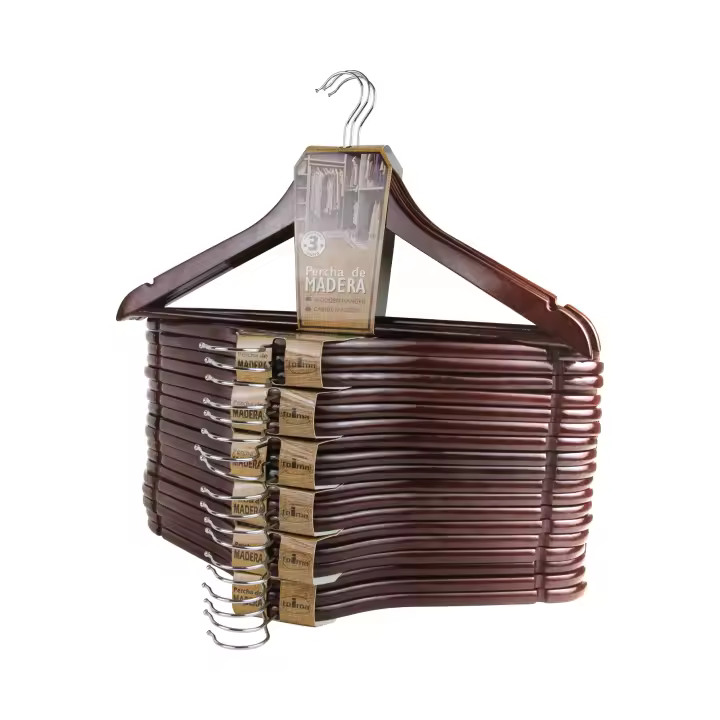 Pack 21 Perchas de madera color marrón. 44cm ancho x 23cm alto. Con ganchos giratorios 360º de acero, con muescas para vestidos y barra inferior. Perchas de armario ideales para blusas, pantalones, camisas, trajes. - 1