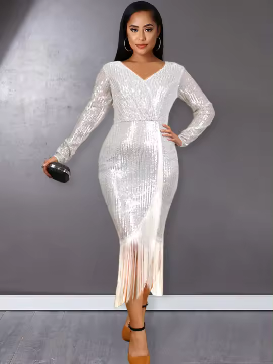 Vestido De Fiesta Para Mujer AOMEI Con Lentejuelas Plateadas Manga Larga Y Abertura En La Parte Inferior Estilo Bodycon Elegante Con Flecos Vestido De Cocktail Para Eventos De Mediana Longitud - 1