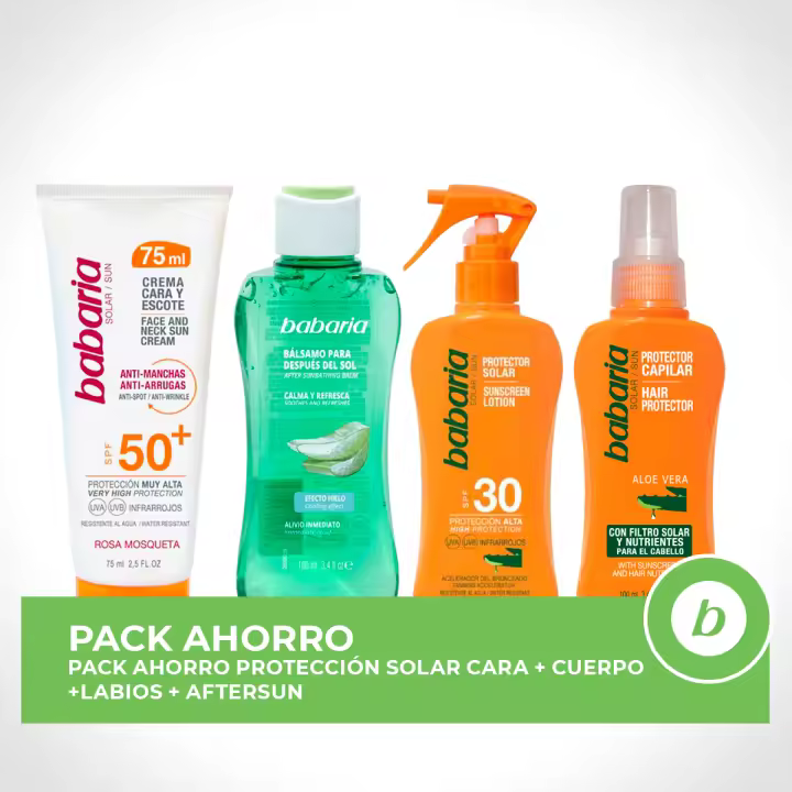 BABARIA Pack ahorro protección solar - Contiene Crema Facial Antimanchas SPF50 75ml + Spray Protector Aloe SPF30 200ml + After Sun Bálsamo Efecto Hielo Aloe 100ml + Protector Capilar Aloe 100ml - 1