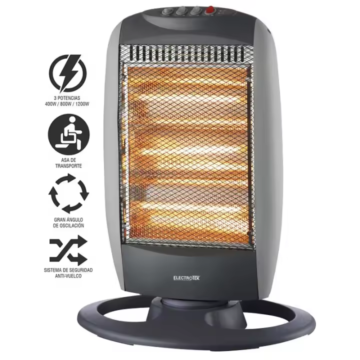 Estufa Halógena ET-EH1206 - 3 Ajustes de Temperatura y Oscilación Calor personalizado y distribuido uniformemente con la Estufa Halógena ET-EH1206. Tres ajustes de temperatura y función de oscilación para mayor comodidad. - 1