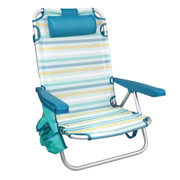 Silla playa aluminio multiposicion rayas con reposacabezas 25 cm, almohadilla y bolso lateral, 80x65x45cm, 25 cm altura asiento. (JugaToys AC1140 aguamarina rayada) - 1