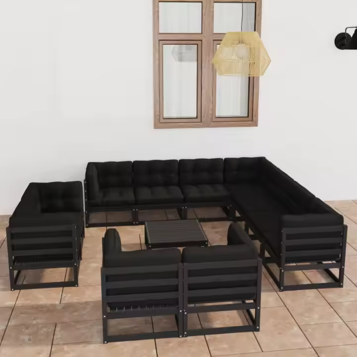 vidaXL Set de muebles de jardín 12 pzas con cojines madera pino negro - 1