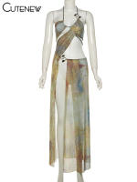 Conjunto De Dos Piezas Aesthetic Impreso Para Mujer Halter Bandage Irregular Camis+High Side Split Maxi Skirt Ropa De Vacaciones Sexy Y Club Sin Mangas De Verano - details 1