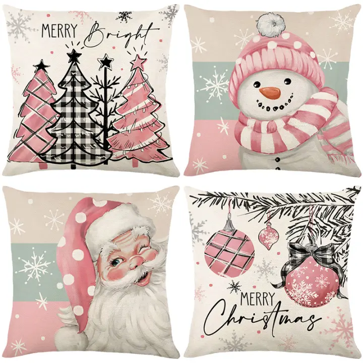 Juego de 4 fundas de lino de dibujos animados de Santa Claus, - 1