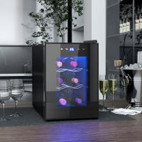 HOMCOM Nevera Vinos 6 Botellas 17L Vinoteca Silenciosa con Luz LED Interior Pantalla LED Táctil Temperatura Regulable 8-18 ℃ Puerta de Vidrio Templado Anti-UV y 2 Estantes Ajustables Negro - details 1