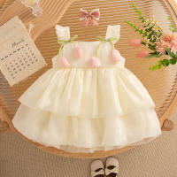 Vestido De Princesa Para Bebé Niña Verano Patrón De Tul Sólido Estilo Casual Halter Puff Faldón Corto Material Poliéster Talla True Fit - details 4