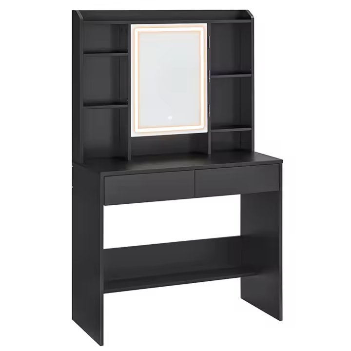 Tocador Moderno con Espejo y Luces LED de 3 Colores - Brillo Ajustable, 2 Cajones, Estantes Ajustables, Mesa de Maquillaje Espaciosa, Negro Tinta - 1