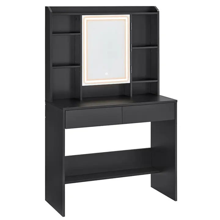 Tocador Moderno con Espejo y Luces LED de 3 Colores - Brillo Ajustable, 2 Cajones, Estantes Ajustables, Mesa de Maquillaje Espaciosa, Negro Tinta - 1