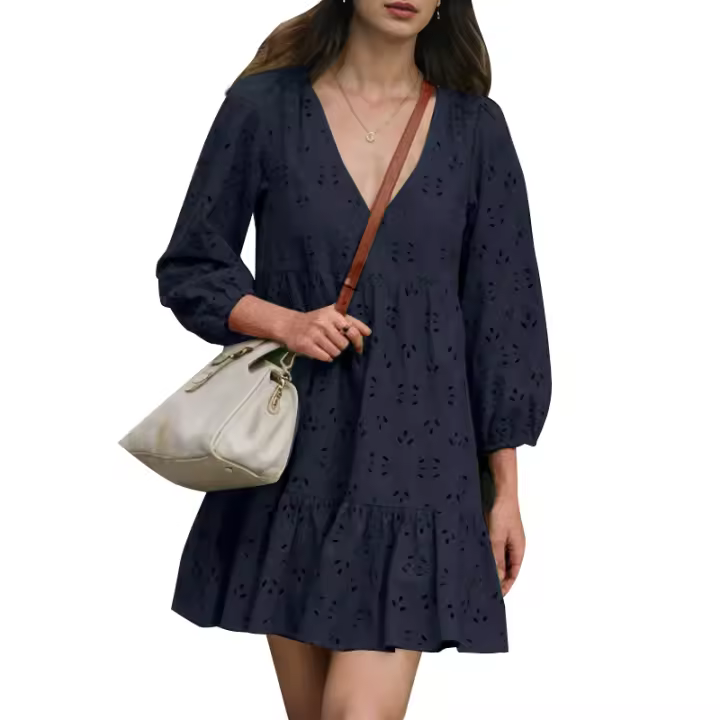ZANZEA Vestido Mini De Verano Para Mujer Estilo Casual Con Encaje Bordado Hueco Y Manga Puff Vuelta En El Cuello Vestidos Puff Sleeve A-Line - 1