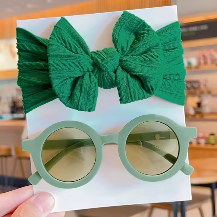 Juego De 2 Hijab Niñas Con Lazo Ancho De Algodón Y Gafas De Sol Accesorios Para Cabello Para Niñas Estilo Fashion - 1