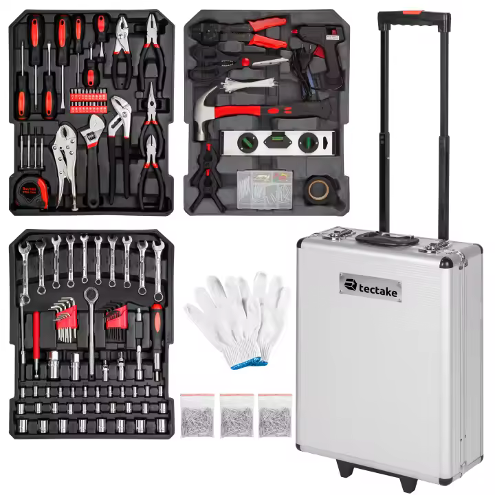 Tectake - Maleta de herramientas de aluminio con 799 elementos  Maleta de herramientas de aluminio con 799 elementos  Las herramientas están repartidas en 3 bandejas  Trolley con ruedas y un asa telescópica para poder arrastrarlo - 1
